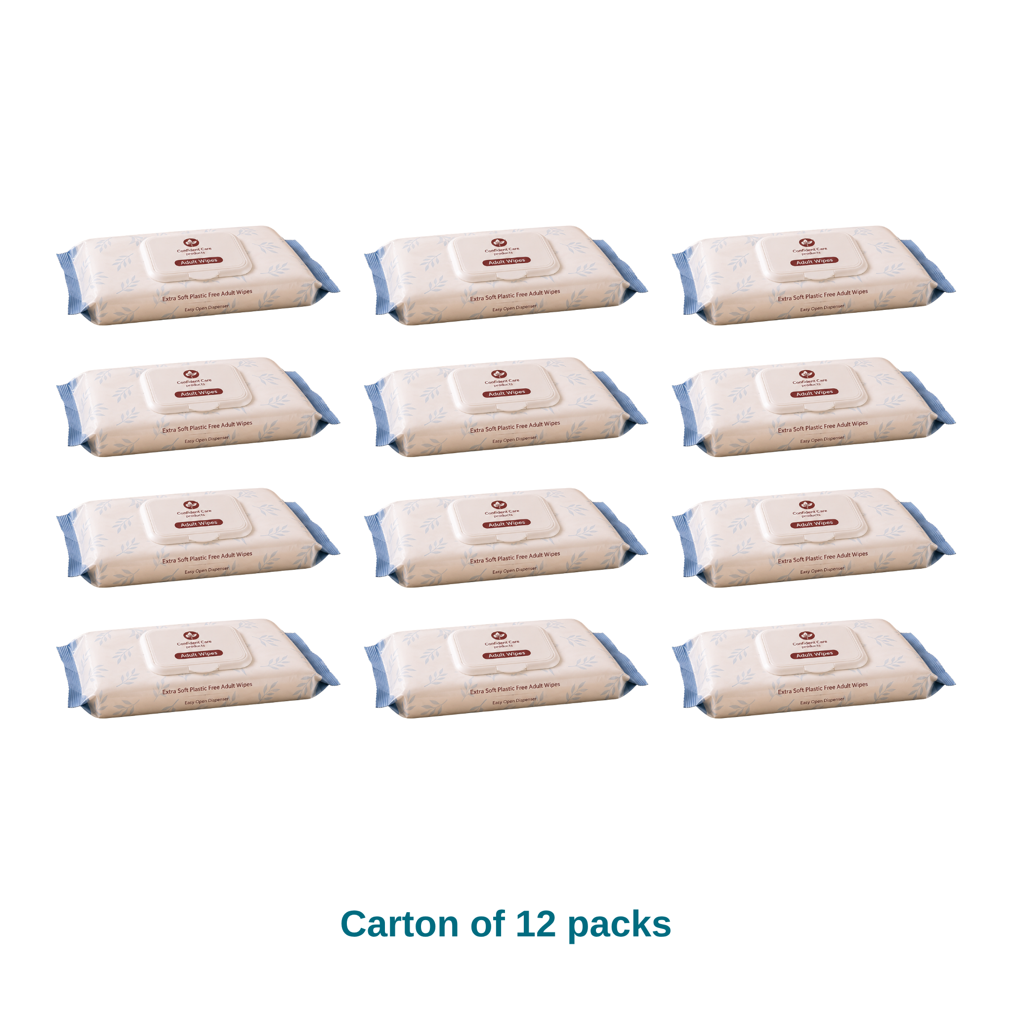 Carton of 12 packs of Confident Care adult wet wipes