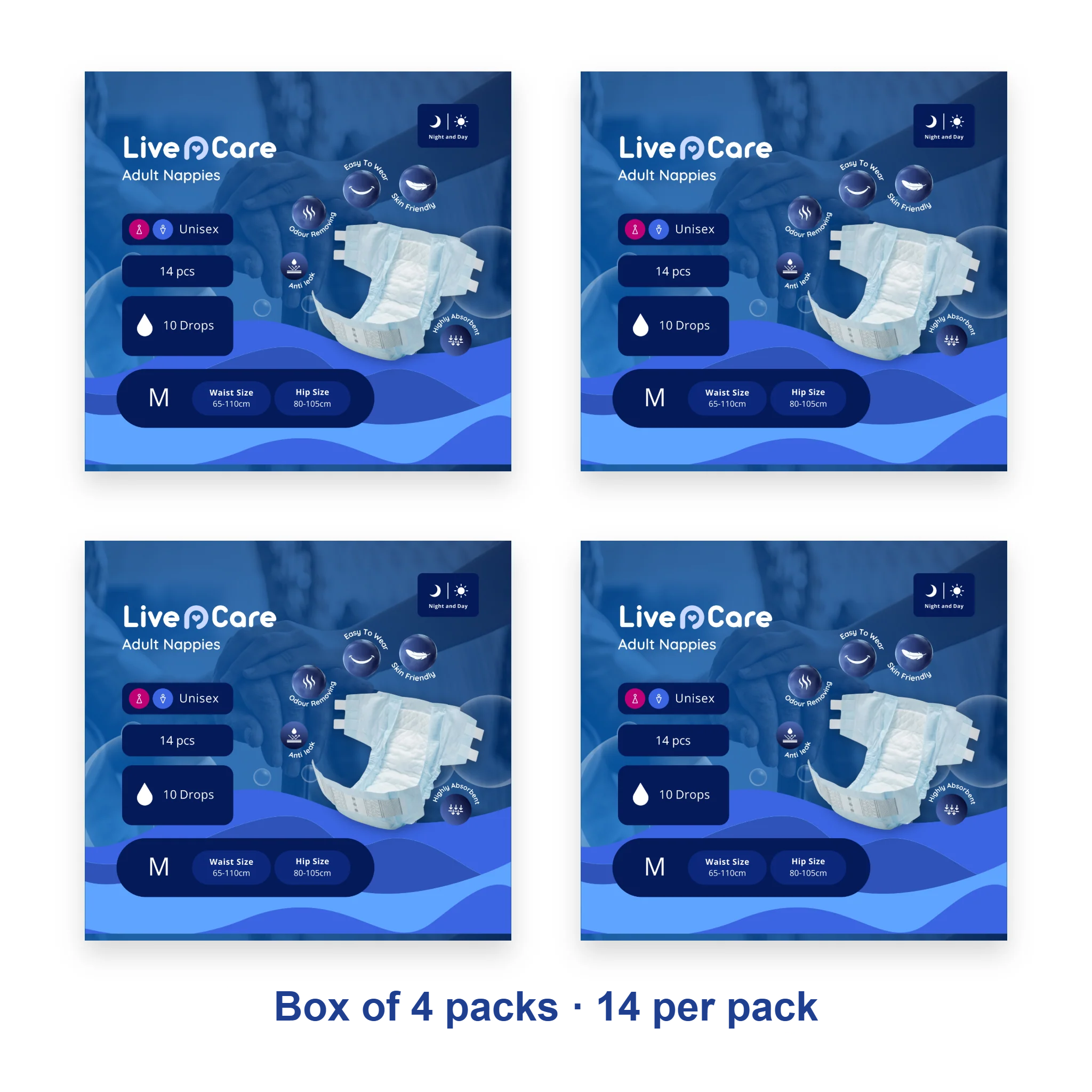 Box of 4 packs of Live N Care Adult Nappies, size Medium, 14 per pack #medium