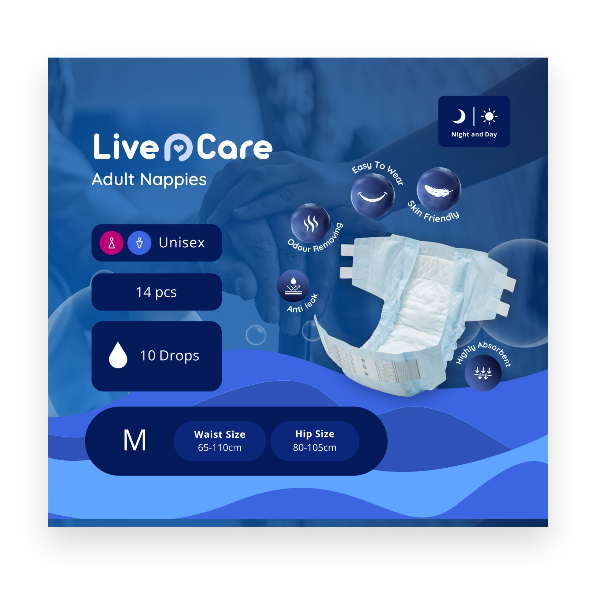 Live N Care Adult Nappies 14-pack, size Medium (waist 65–110cm, hip 80–105cm) #medium