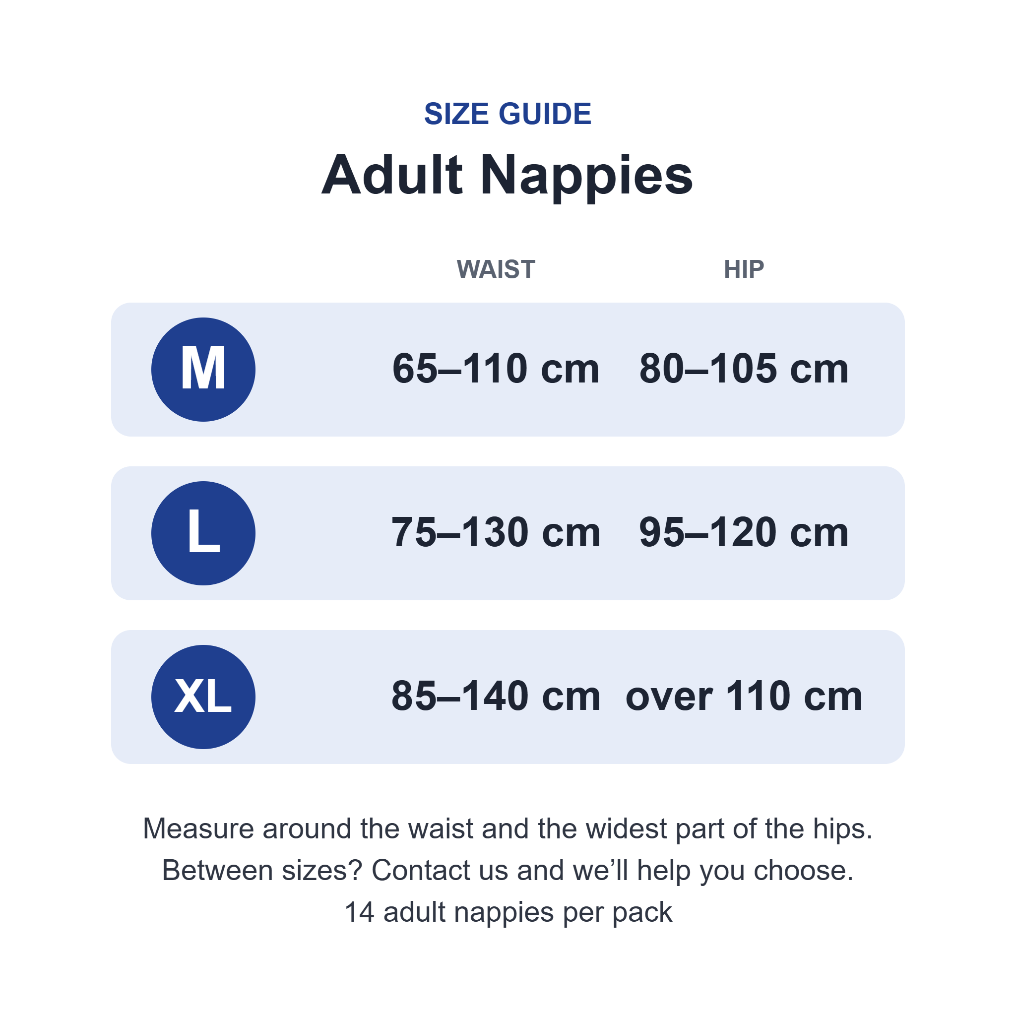 Size guide for Live N Care Adult Nappies: Medium waist 65–110cm hip 80–105cm; Large waist 75–130cm hip 95–120cm; Extra Large waist 85–140cm hip over 110cm #medium,large,extra large