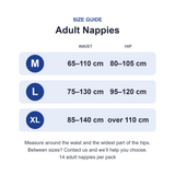 Size guide for Live N Care Adult Nappies: Medium waist 65–110cm hip 80–105cm; Large waist 75–130cm hip 95–120cm; Extra Large waist 85–140cm hip over 110cm #medium,large,extra large