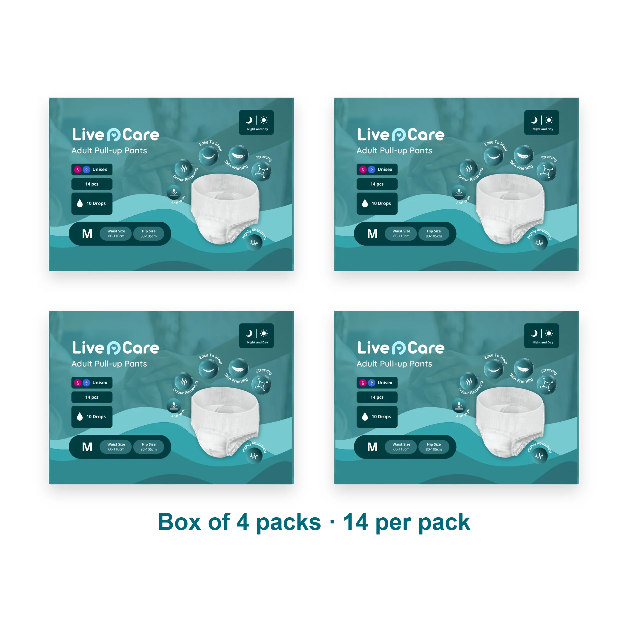 Box of 4 packs of Live N Care Adult Pull-Up Pants, size Medium, 14 per pack #medium