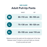 Size guide for Live N Care Adult Pull-Up Pants: Medium waist 60–110cm hip 80–105cm; Large waist 75–130cm hip 95–120cm; Extra Large waist 85–155cm hip over 110cm #medium,large,extra large