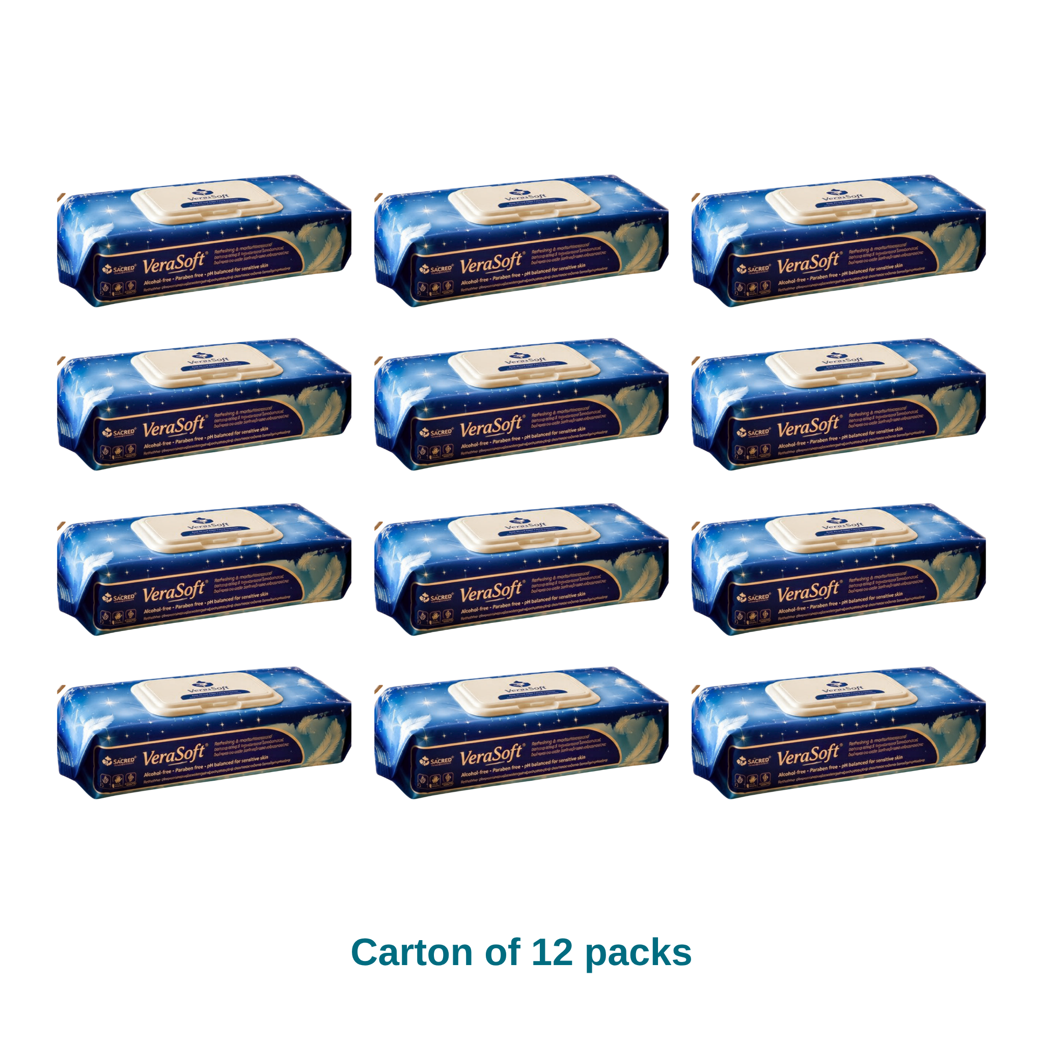 Carton of 12 packs of VeraSoft moist adult wet wipes