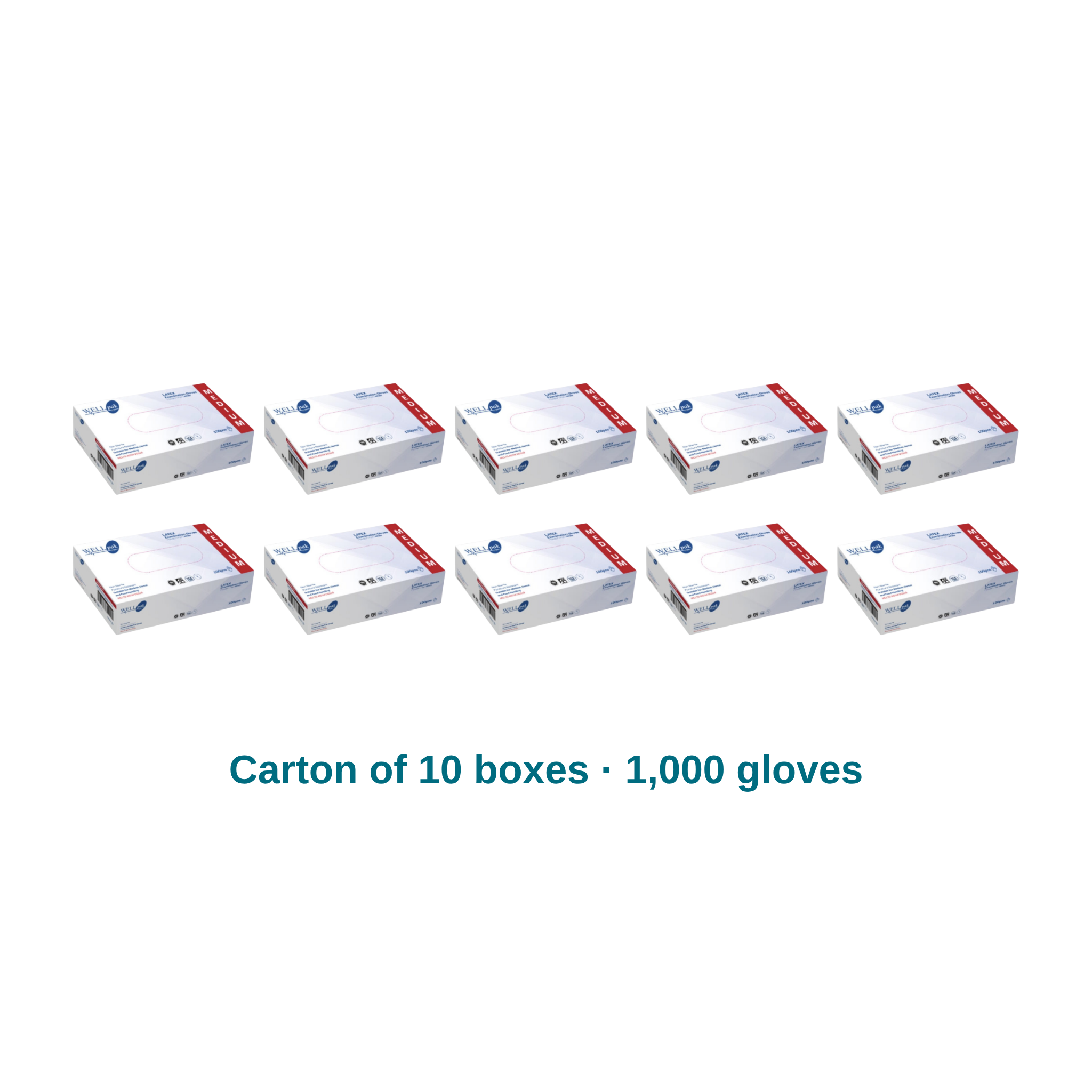 Carton of 10 boxes of WellPak latex examination gloves, 1,000 gloves