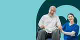 Man in a wheelchair with a caregiver against a teal background

