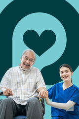 Man in a wheelchair with a caregiver against a teal background with a heart symbol

