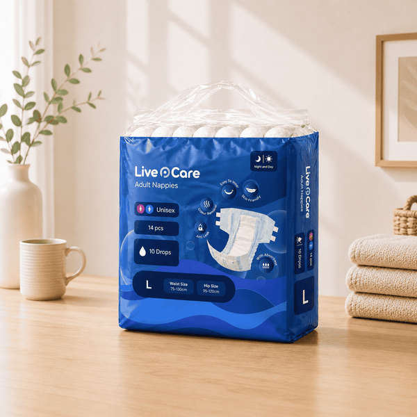 Pack of Live Care adult nappies on a wooden surface with a neutral background

