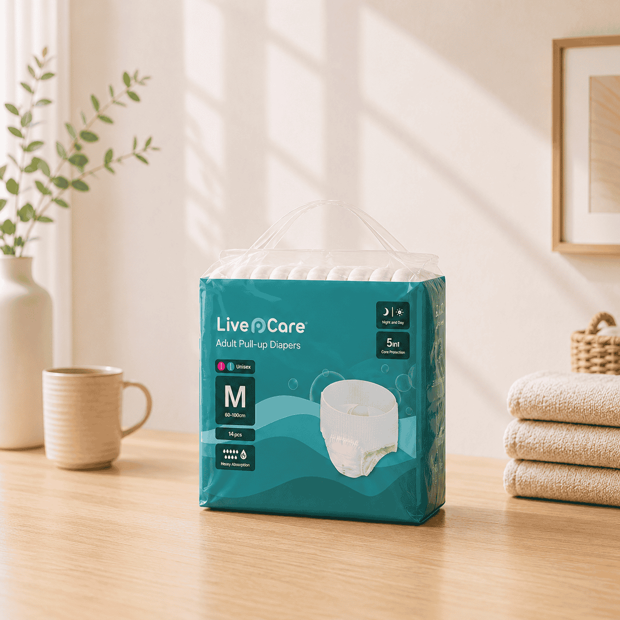 Live Care adult pull-up diapers package on a wooden table with a homey background

