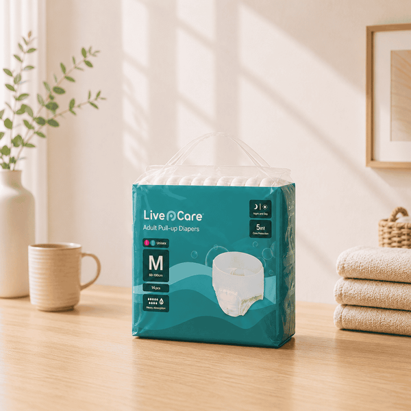 Live Care adult pull-up diapers package on a wooden table with a homey background


