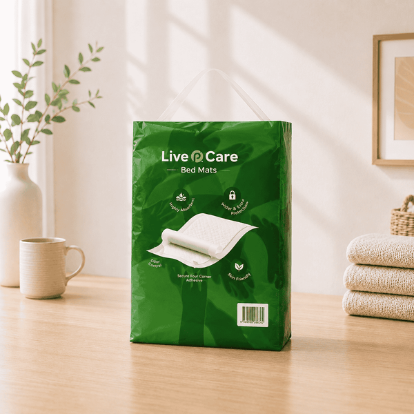 Live Care bed mats packaging on a wooden surface with a plant and folded towels in the background

