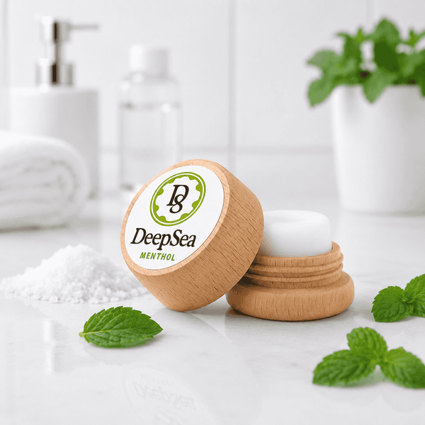 Bath bombs in wooden containers with 'DeepSea' branding on a bathroom counter.

