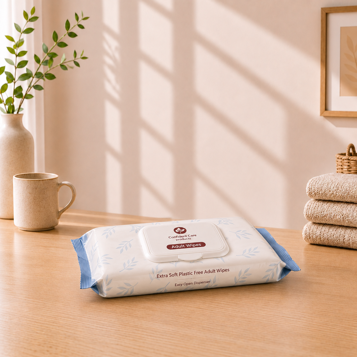 Pack of adult wipes on a wooden surface with a cup, plant, and towels in the background.