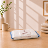 Pack of adult wipes on a wooden surface with a cup, plant, and towels in the background.