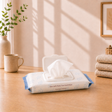 Pack of adult wipes on a wooden surface with a cup, plant, and towels in the background.

