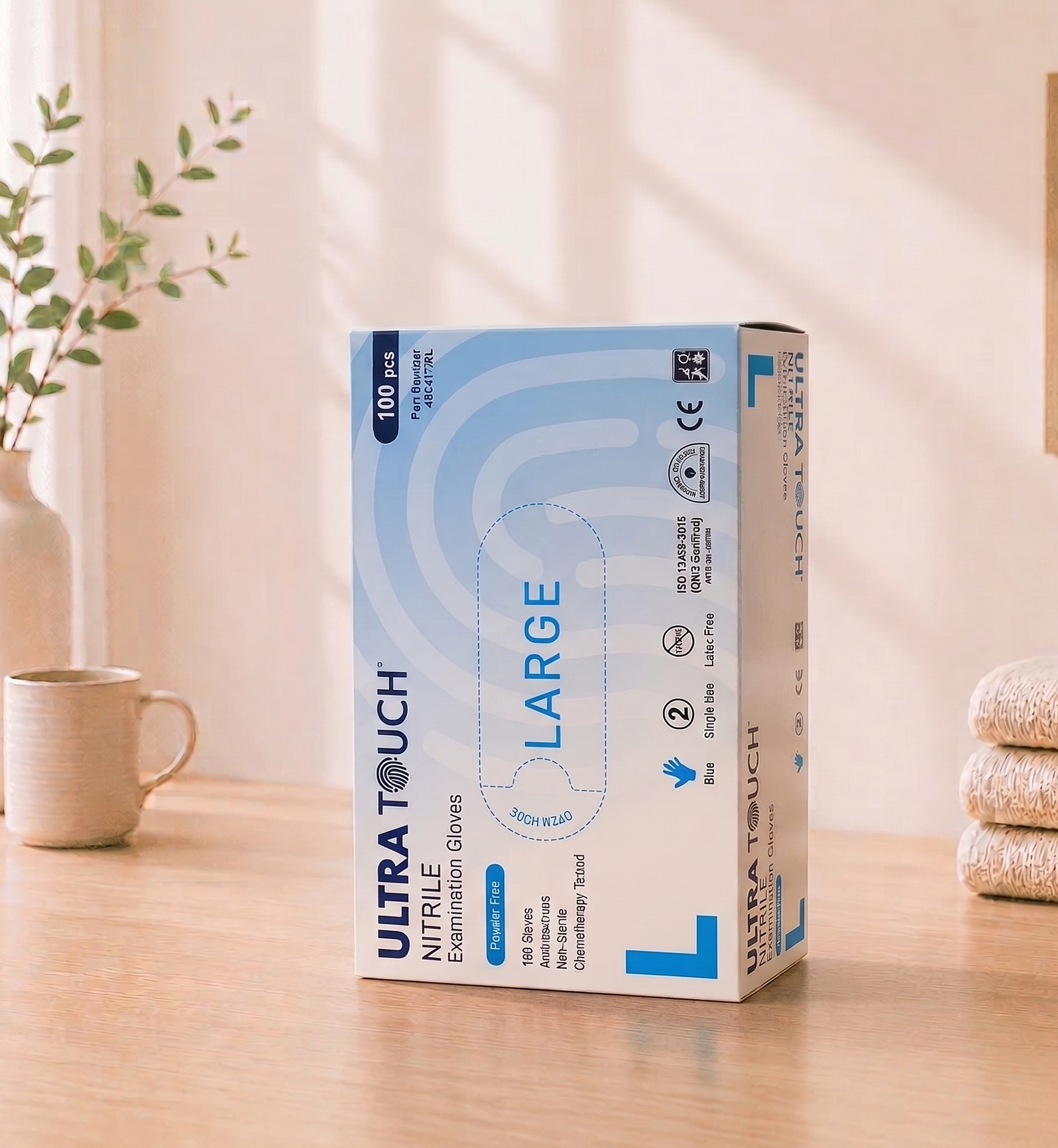 Box of Ultra Touch Nitrile gloves on a wooden surface with a neutral background


