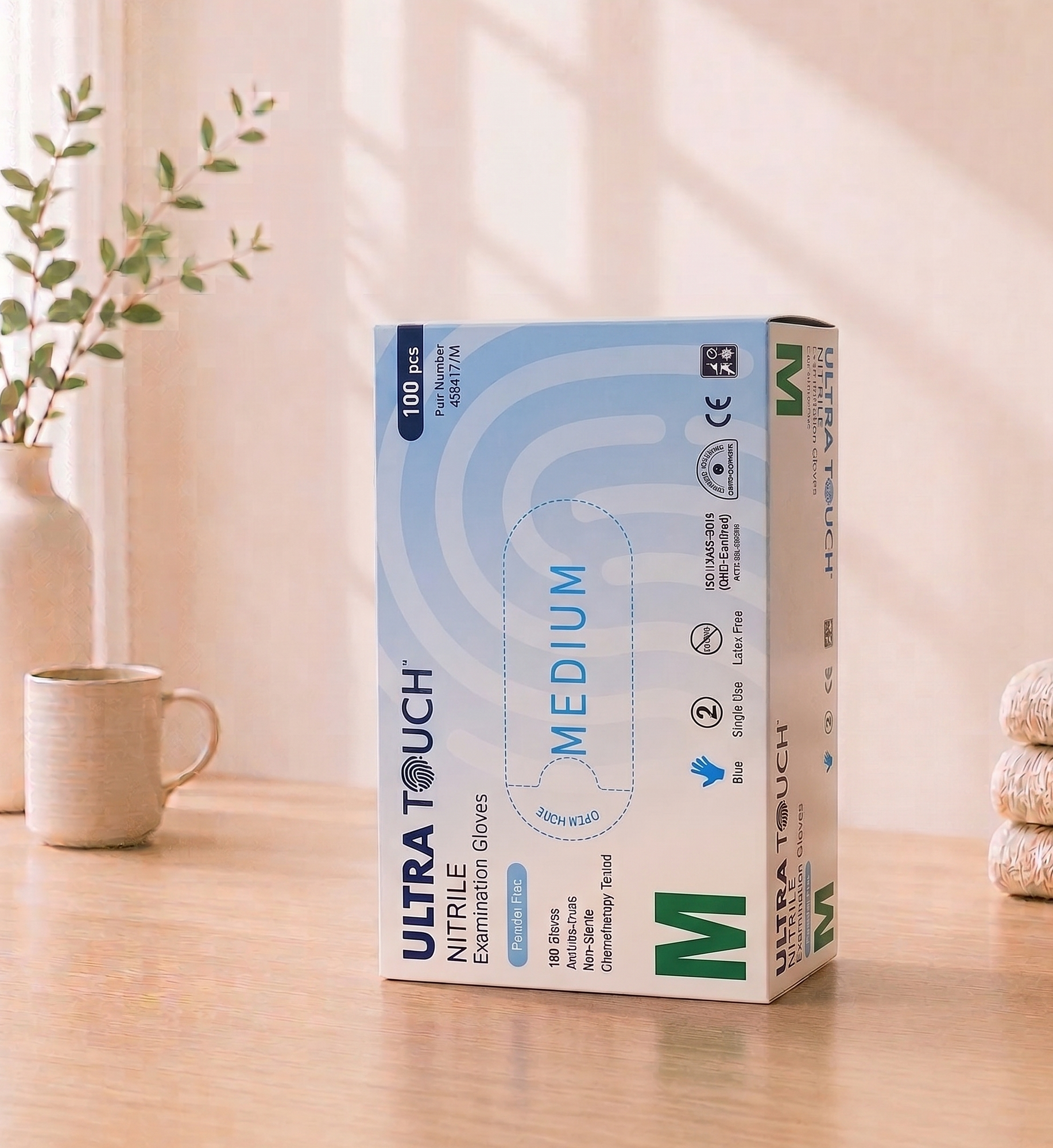 Box of Ultra Touch Nitrile Examination Gloves on a wooden surface with a plant and mug in the background

