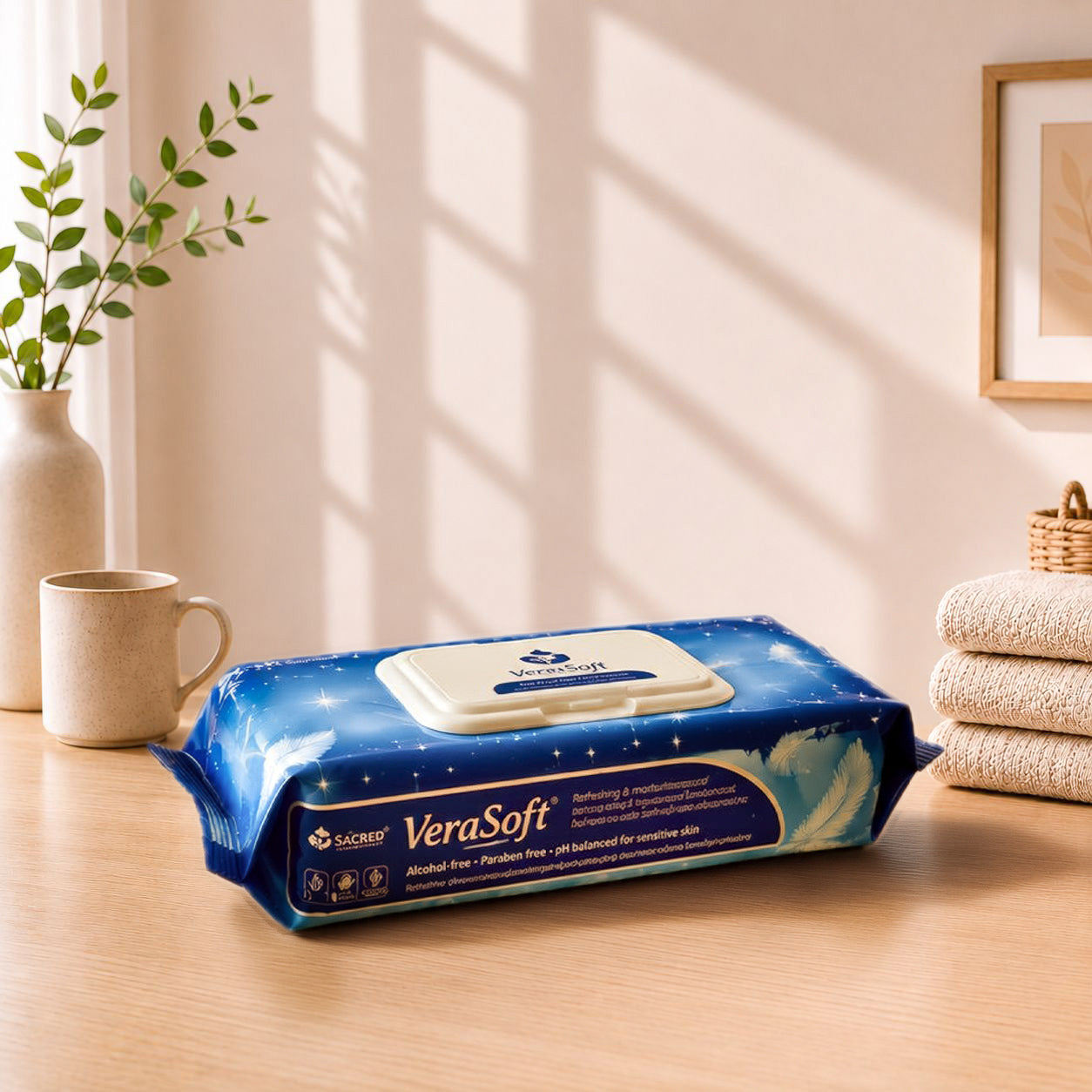 VeraSoft wipes packaging on a wooden surface with a cup and towels in the background

